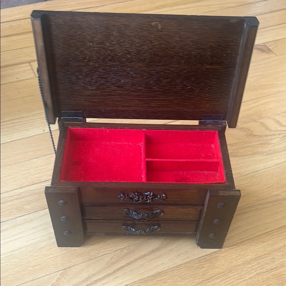 Wooden Jewelry Box with Red Interior